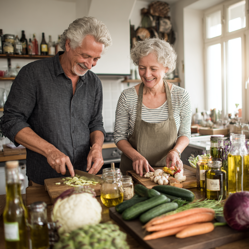 51 years old adults preparing healthy meals together in bright kitchen, emphasizing natural ingredients and wellness lifestyle
