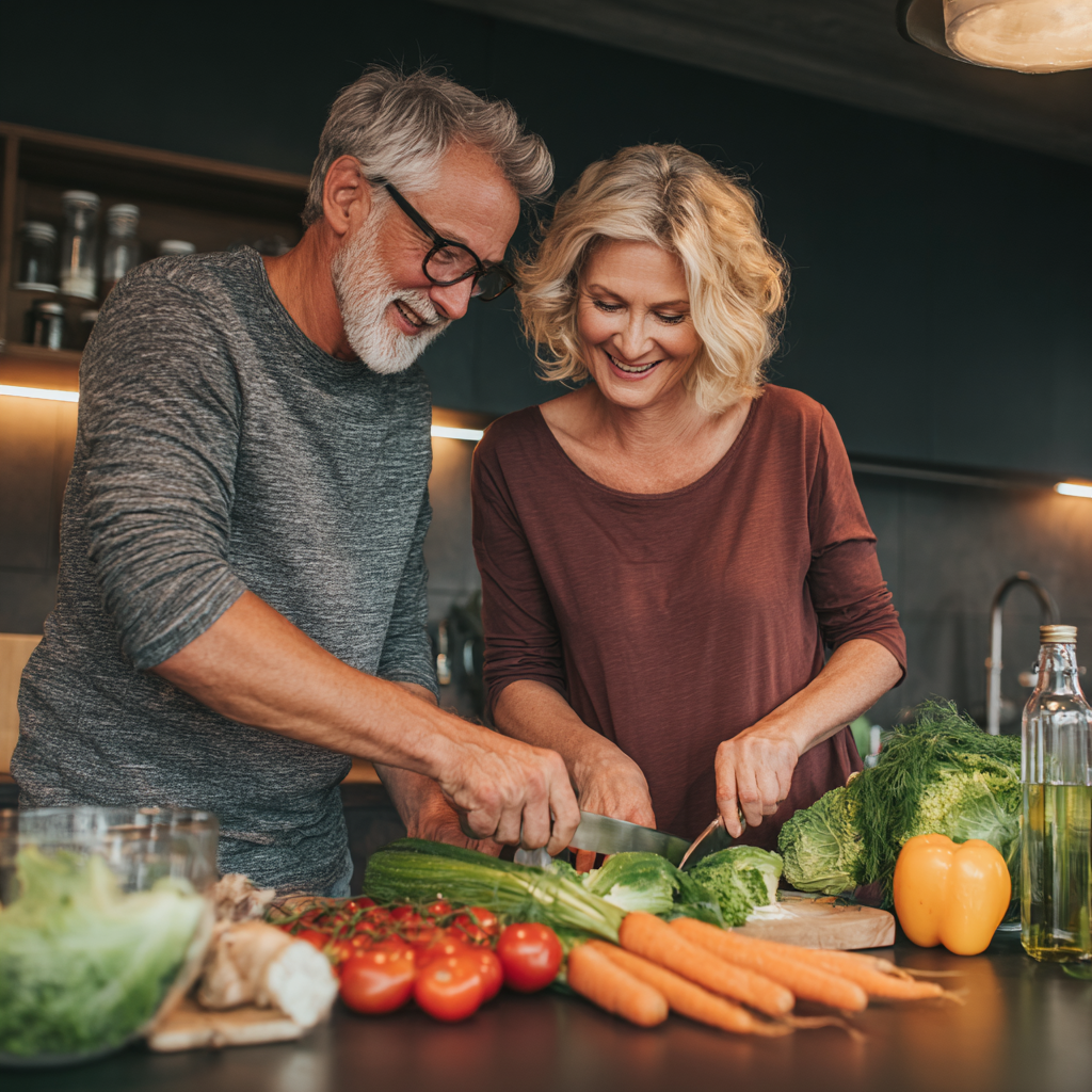 Middle-aged couple enjoying healthy meal preparation together, symbolizing wellness and natural lifestyle approach